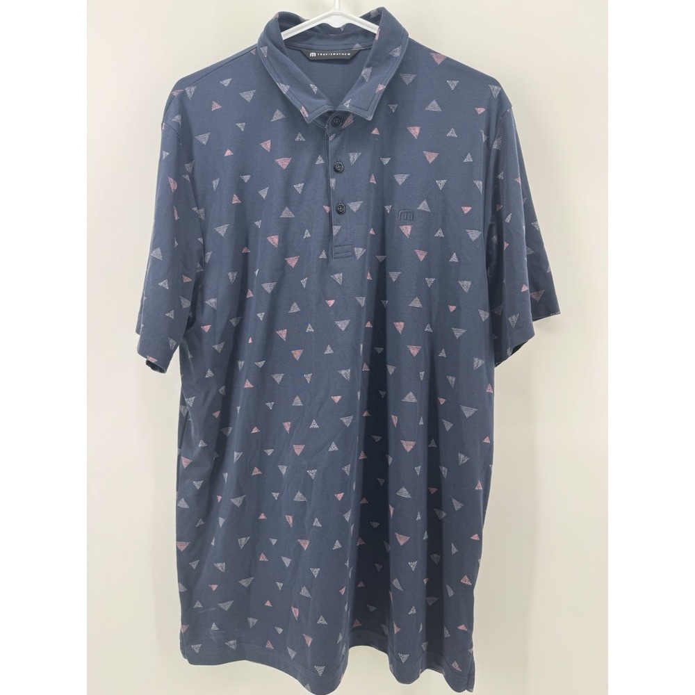 Travis Mathew Polo Shirt Mens XL Blue Triangle Print Golf Performance Casual